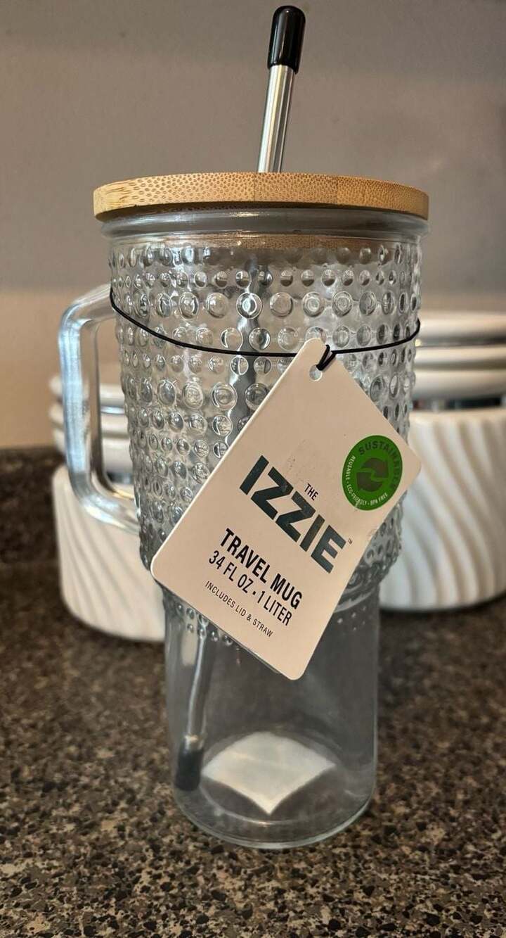 The Izzie 34 oz Travel Mug with Bamboo Lid and Stainless Steel Straw